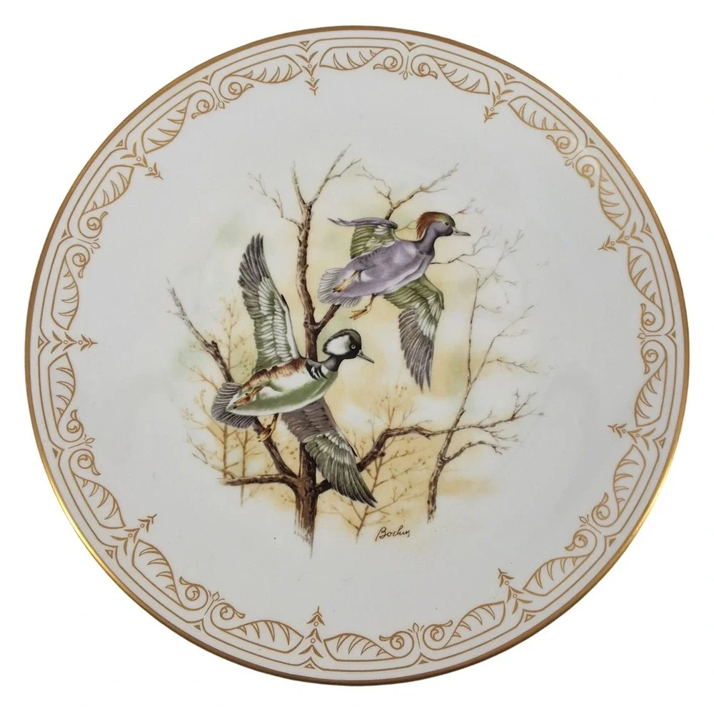 Edward Marshall Boehm Hooded Mergansers Water Bird Bone‎ China Plate Gold Rim